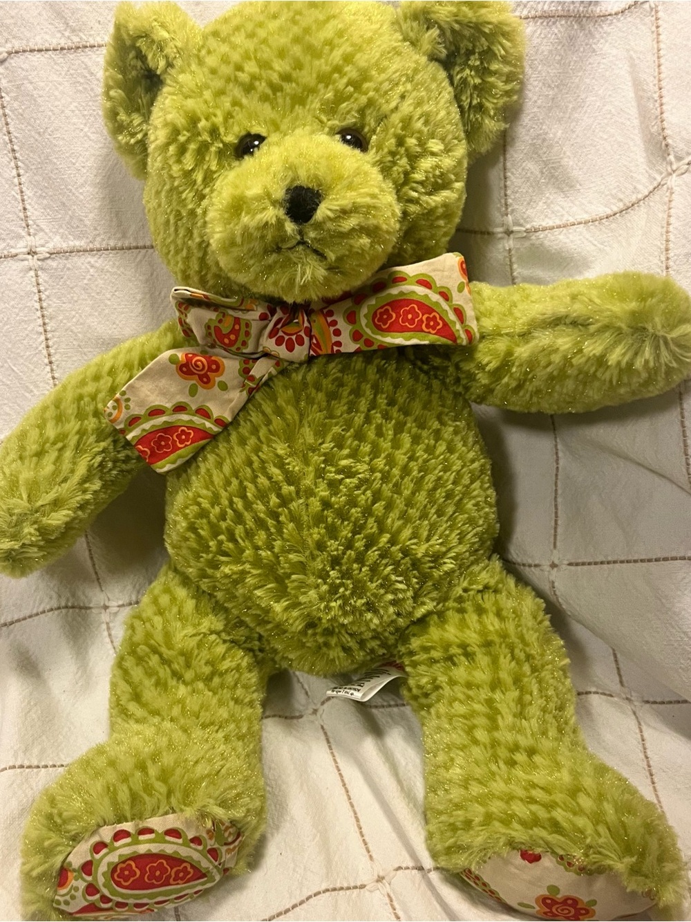 Plush Green Teddy Bear with Patterned Bow - Soft Kids Toy
